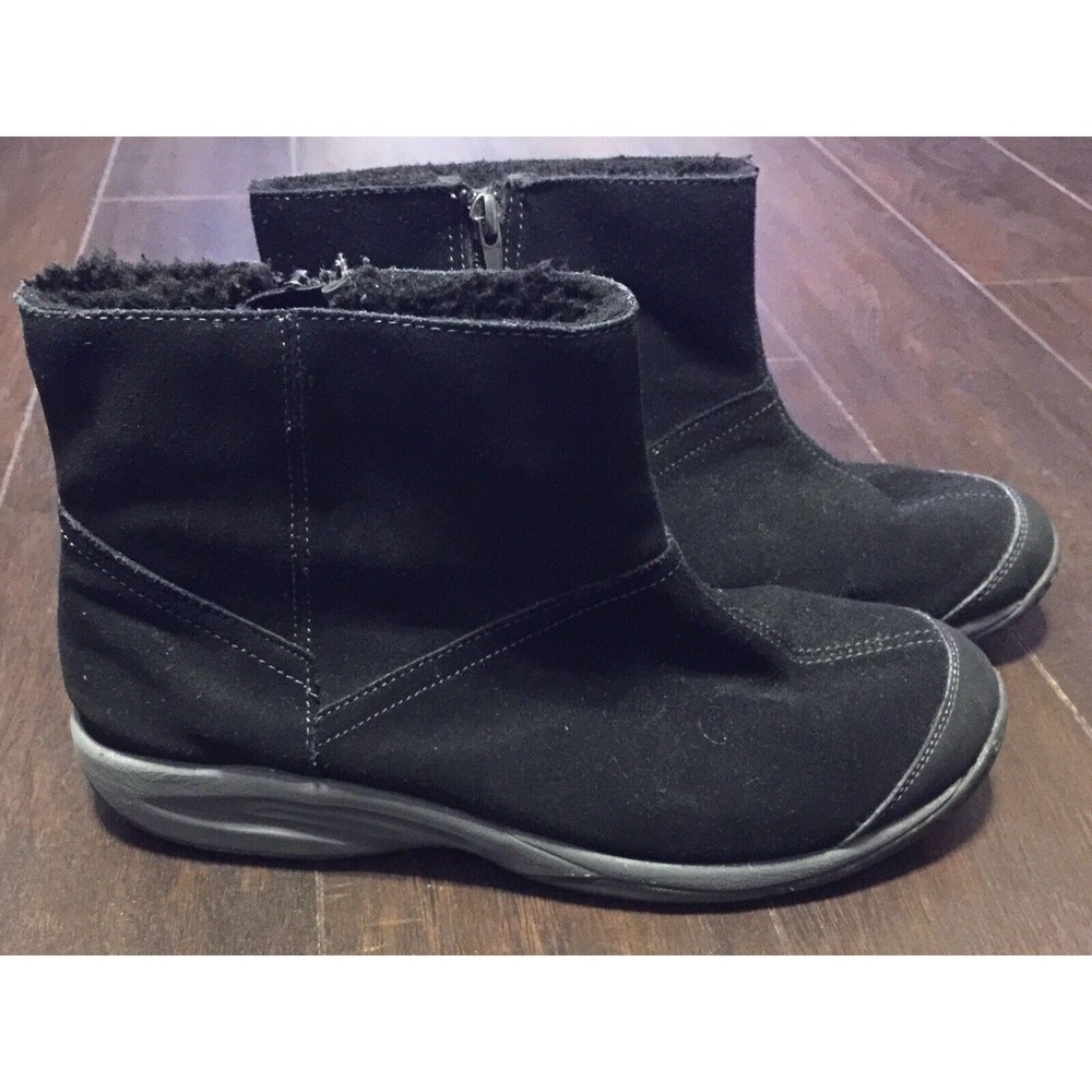 EASY SPIRIT Size 10M Lockdown Suede Leather Black Faux Fur Ankle Bootie EUC